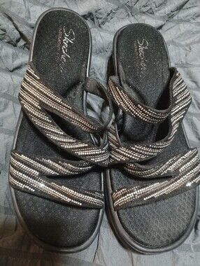Skechers Women's Black Strappy Slide Sandals with Metallic Accents